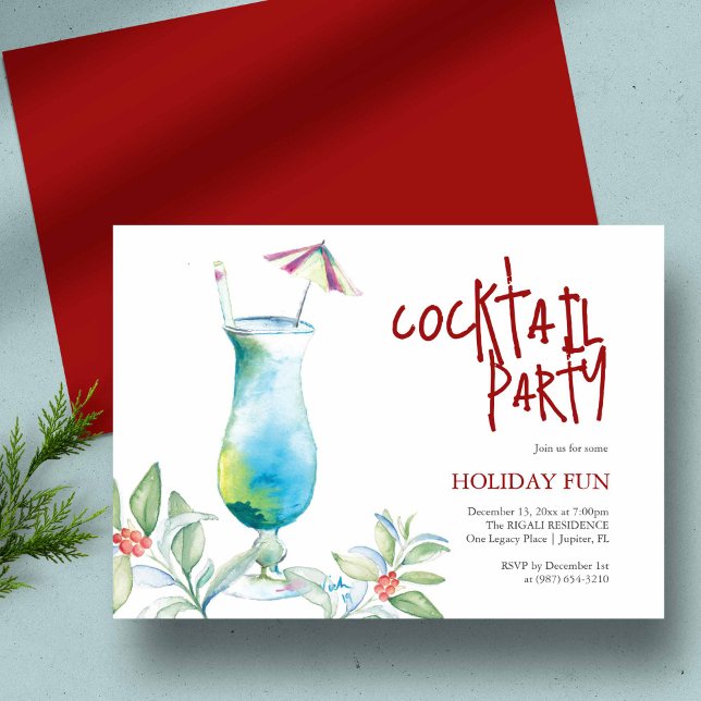 Christmas Party Watercolor Tropical Cocktail Invitation (Tropical theme Christmas cocktail party unique watercolor art by Victoria Grigaliunas)
