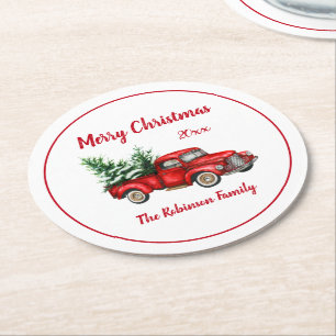 Christmas Party Watercolor Vintage Red Truck Round Paper Coaster