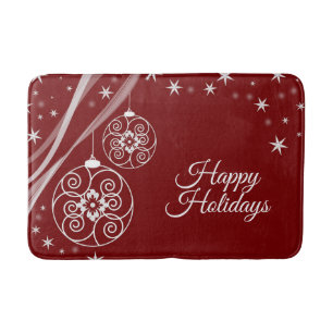 Christmas Party White Ornaments Stars Red Elegant Bath Mat
