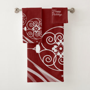 Christmas Party White Ornaments Stars Red Elegant Bath Towel Set
