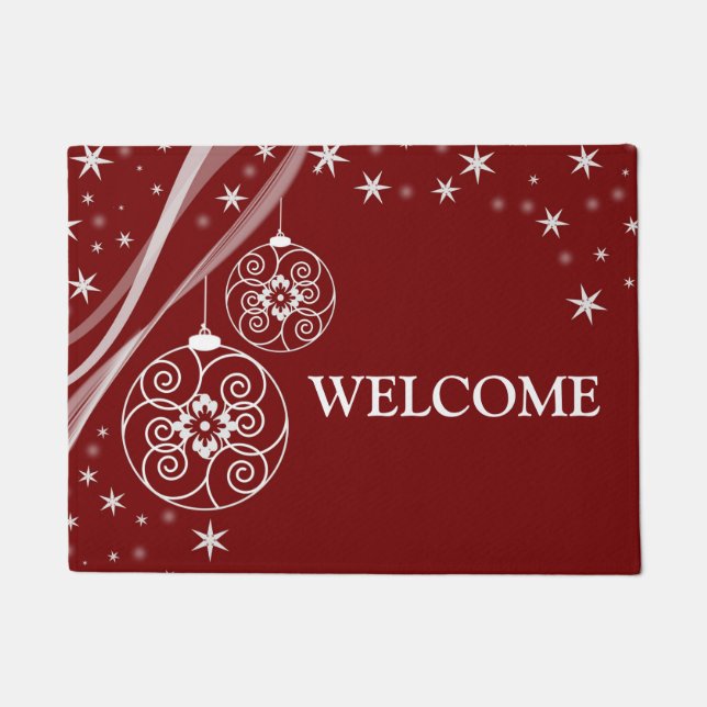 Christmas Party White Ornaments Stars Red Elegant  Doormat (Front)