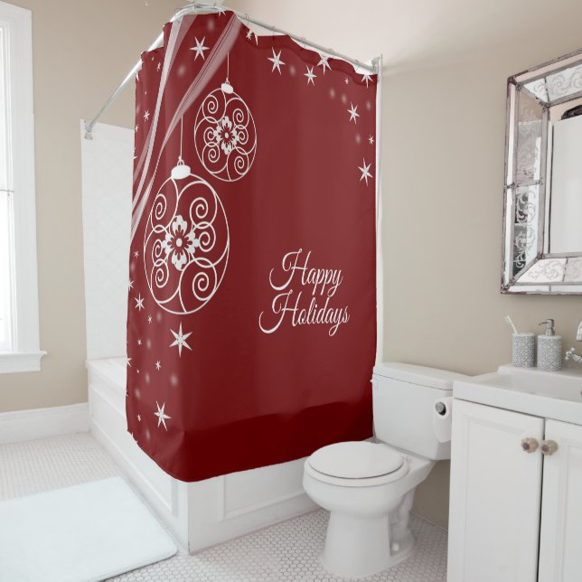 Christmas Party White Ornaments Stars Red Elegant Shower Curtain (In Situ)