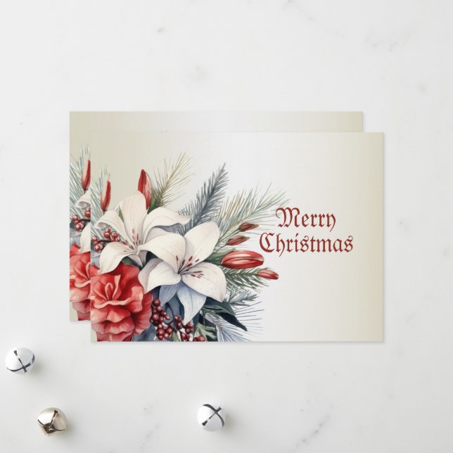 Christmas Party White Red Flowers Holidays Elegant Holiday Card (Front/Back In Situ)