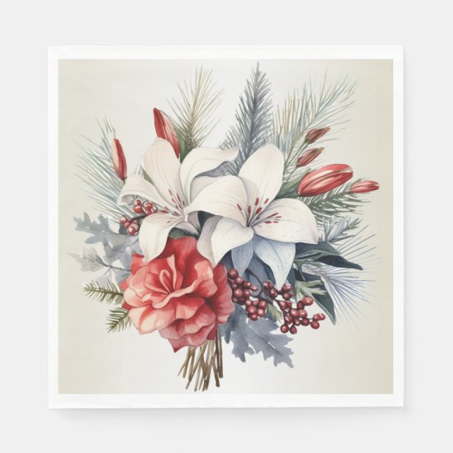 Christmas Party White Red Flowers Holidays Elegant Napkin (Front)