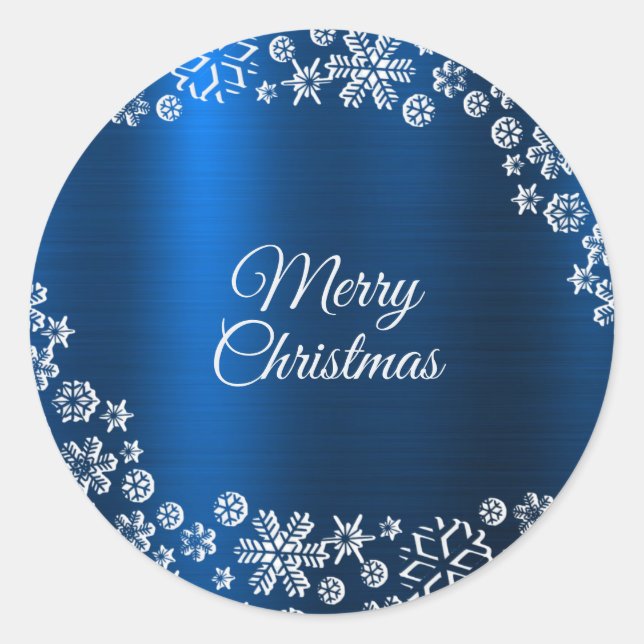 Christmas Party White Snowflakes Nave Blue Classic Round Sticker (Front)