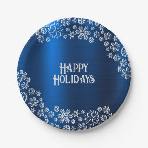 Christmas Party White Snowflakes Navy Blue Paper Plate