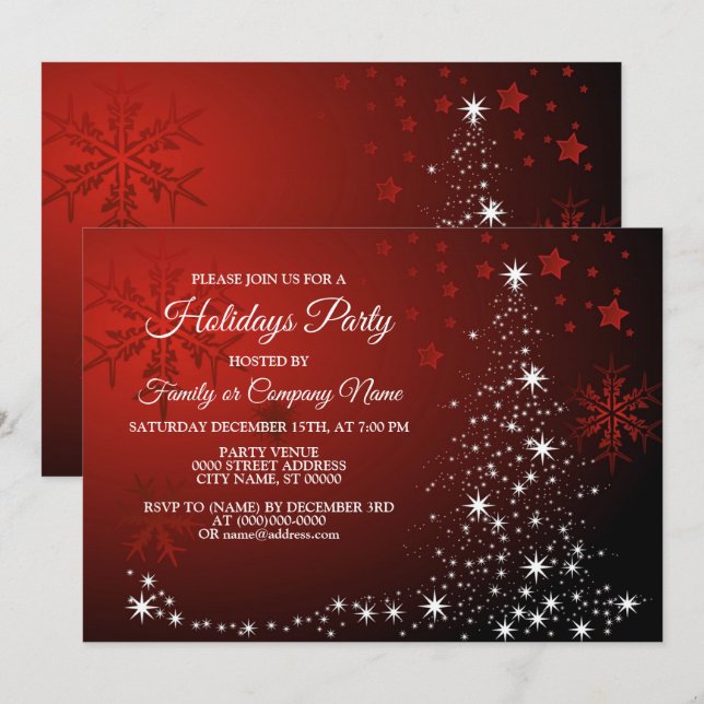 Christmas Party White Stars Tree Red Snowflakes Invitation (Front/Back)