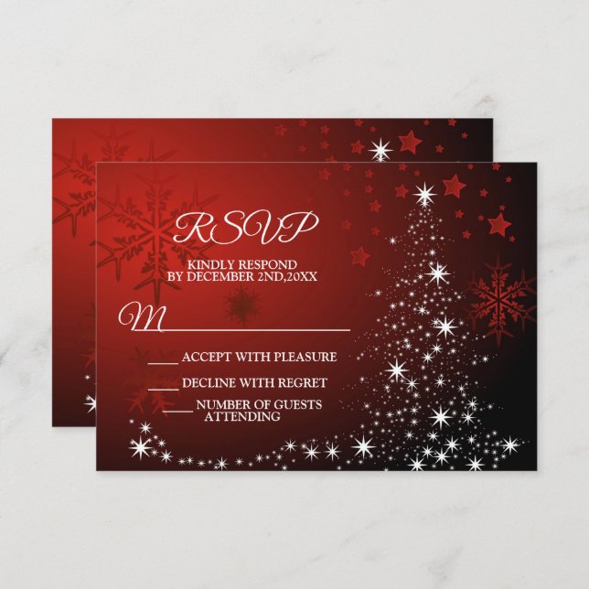 Christmas Party White Stars Tree Red Snowflakes RSVP Card (Front/Back)