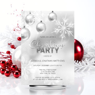 CHRISTMAS PARTY Winter Snow Snowflakes Silver Invitation