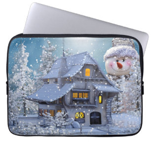 Christmas Party Winter White Snowman Blue Laptop Sleeve