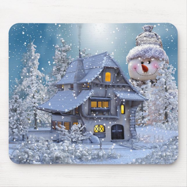 Christmas Party Winter White Snowman Blue Mouse Pad (Front)