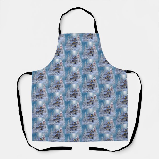 Christmas Party Winter White Snowman Blue Rustic Apron (Front)