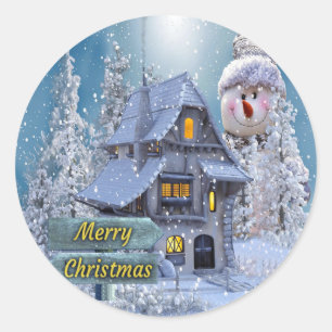 Christmas Party Winter White Snowman Blue Rustic Classic Round Sticker