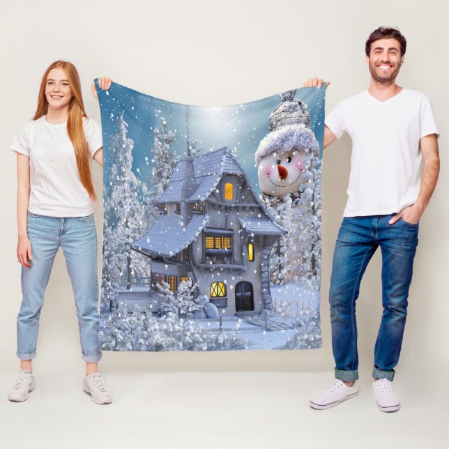 Christmas Party Winter White Snowman Blue Rustic Fleece Blanket (In Situ)