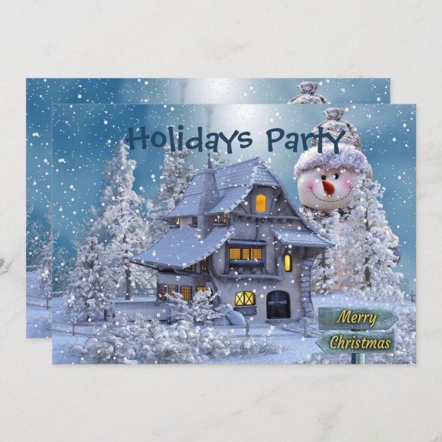 Christmas Party Winter White Snowman Blue Rustic Invitation (Front/Back)