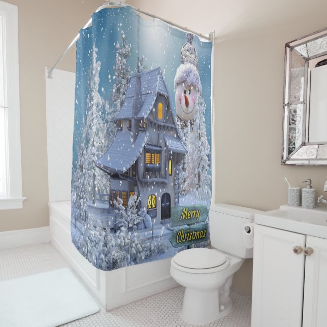 Christmas Party Winter White Snowman Blue Rustic Shower Curtain (In Situ)
