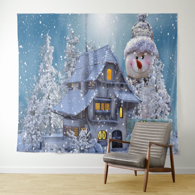 Christmas Party Winter White Snowman Blue Rustic Tapestry (In Situ (Horizontal))