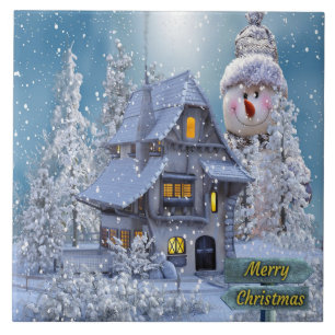 Christmas Party Winter White Snowman Blue Rustic Tile