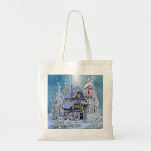 Christmas Party Winter White Snowman Blue Rustic Tote Bag