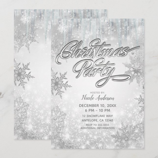 Christmas Party Winter Wonderland White Snowflakes Invitation (Front/Back)