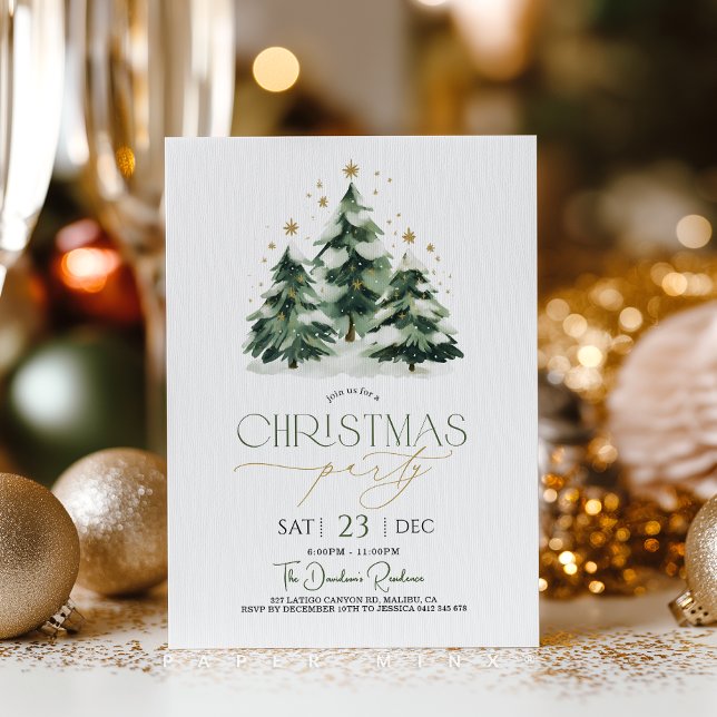 Christmas Party Xmas Tree Green Gold  Invitation (Christmas party invitation featuring cute green and gold Christmas tree and stars. )