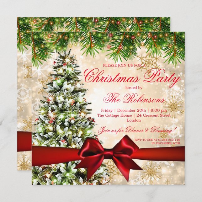 Christmas Party | Xmas Tree, Ribbon & Sparkles Invitation (Front/Back)