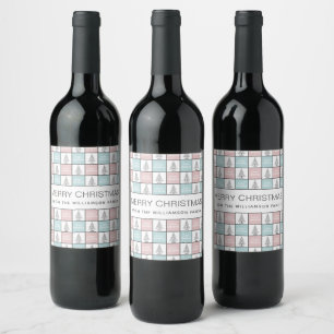 Christmas Pastel Blue and Pink Modern Pattern Wine Label