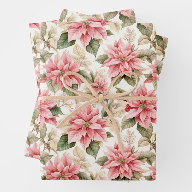 Christmas Pastel Pink Poinsettia Flowers Wrapping Paper Sheet (In situ)