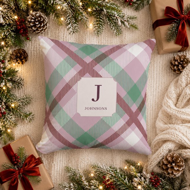 Christmas Pastel Plaid Monogram  Cushion (Creator Uploaded)