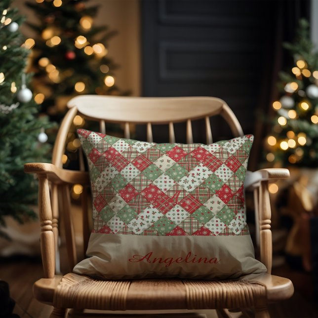 Christmas patchwork name Green Red beige Cushion (Creator Uploaded)