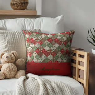 Christmas patchwork name Green Red Cushion
