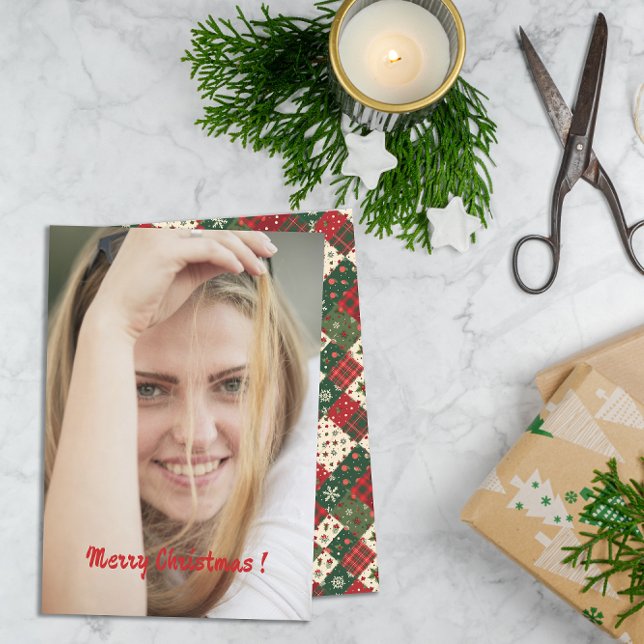 Christmas patchwork pattern photo wishes holiday card (Creator Uploaded)