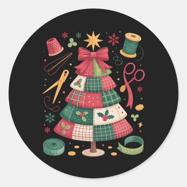 Christmas Patchwork Quilt Tree Sewing Quilter Xmas Classic Round Sticker (Front)
