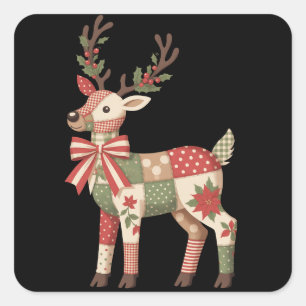 Christmas Patchwork Reindeer Embroidery Animal Square Sticker
