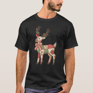 Christmas Patchwork Reindeer Embroidery Animal T-Shirt