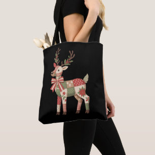 Christmas Patchwork Reindeer Embroidery Animal Tote Bag