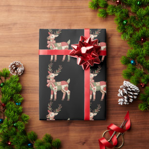 Christmas Patchwork Reindeer Embroidery Animal Wrapping Paper
