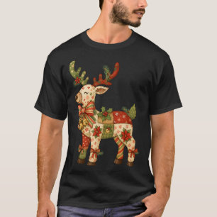 Christmas Patchwork Reindeer Xmas Family Men Women T-Shirt