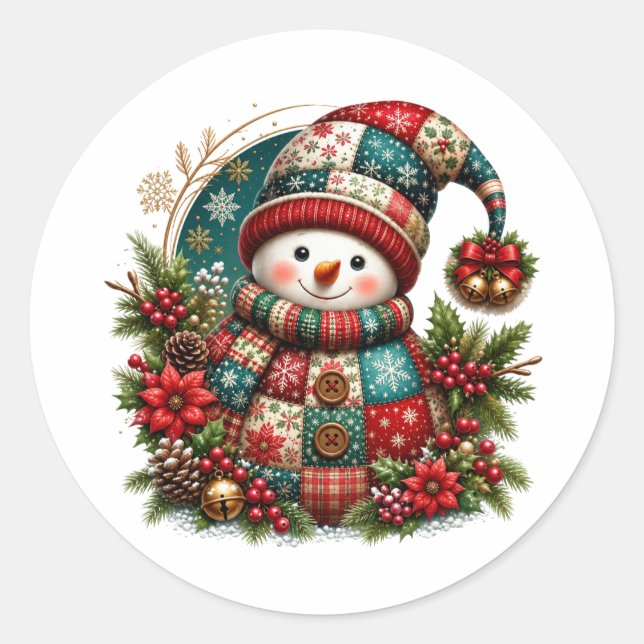 Christmas Patchwork Snowman Classic Round Sticker (Front)