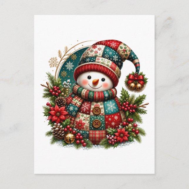 Christmas Patchwork Snowman Invitation Postcard (Front)
