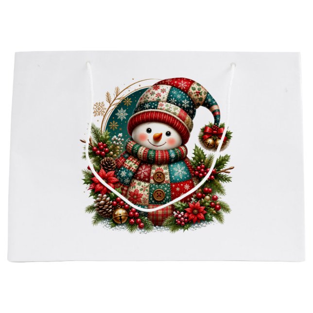 Christmas Patchwork Snowman Large Gift Bag (Front)