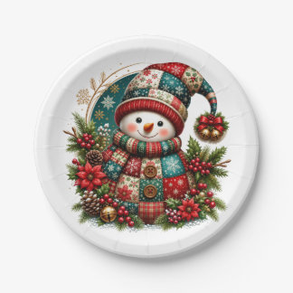 Christmas Patchwork Snowman Paper Plate