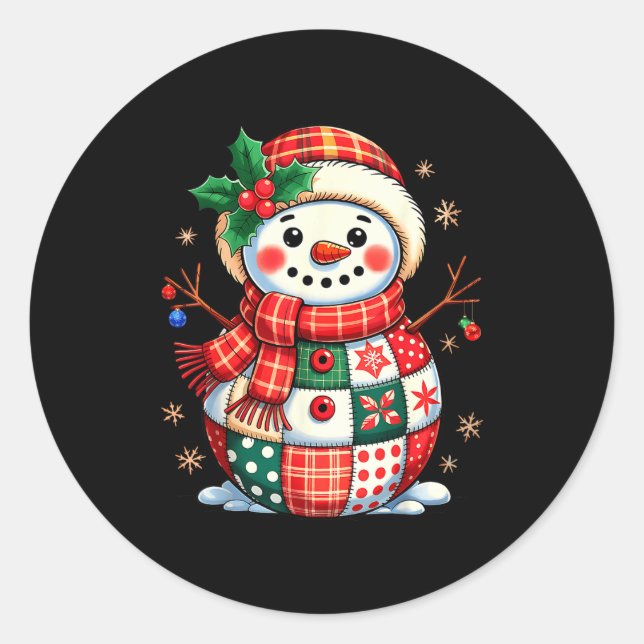 Christmas Patchwork Snowman - Quilted Holiday Aest Classic Round Sticker (Front)