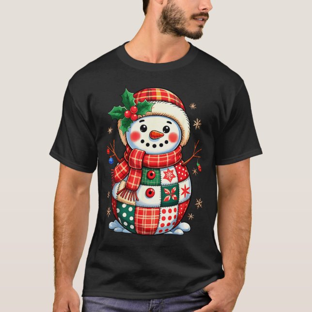 Christmas Patchwork Snowman - Quilted Holiday Aest T-Shirt (Front)