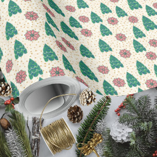 Christmas Patchwork Trees and Poinsettias Wrapping Paper