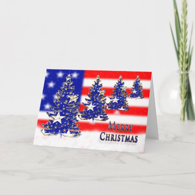 CHRISTMAS - PATRIOTIC - FLAG AND TREES HOLIDAY CARD (Front)