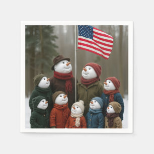 Christmas Patriotic Snow Family With American Flag Napkin