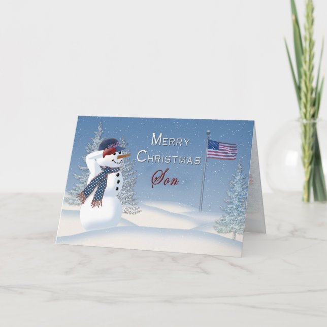 Christmas - Patriotic - Son -Snowman/Saluting Holiday Card (Front)