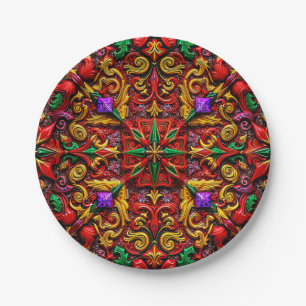 CHRISTMAS PATTERN ~ Cute ~ Red Green Gold ~ Paper Plate