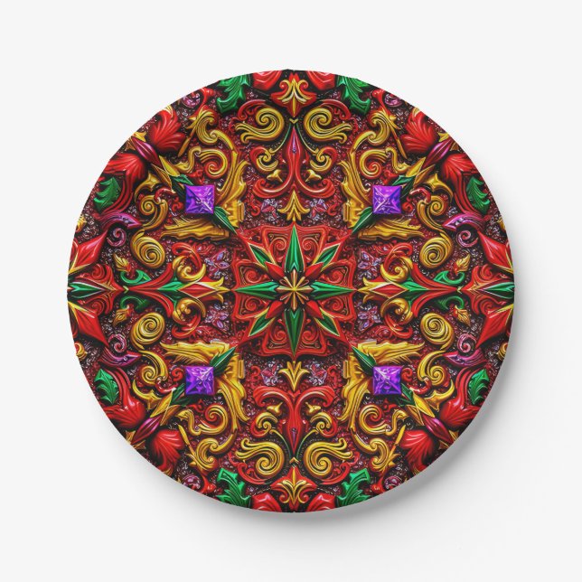 CHRISTMAS PATTERN ~ Cute ~ Red Green Gold ~ Paper Plate (Front)